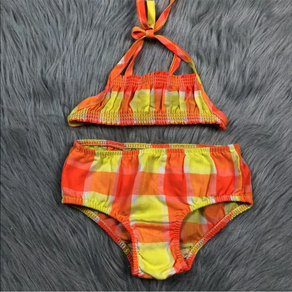 Vintage Baby Girls 70s Orange Yellow Plaid Cotton Bikini